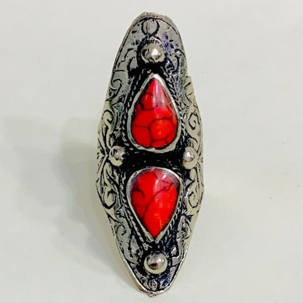 Kuchi Dual Red Stone Ring: Tribal Ethnic Bohemian Jewelry - Picture 3 of 8
